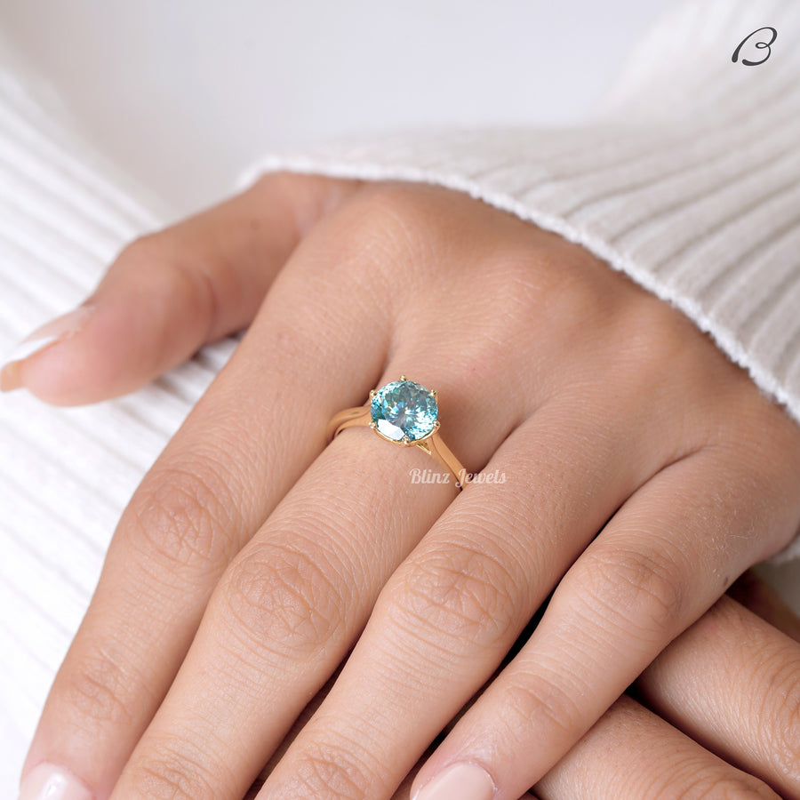 Portuguese Round Cut Cyan Blue Moissanite Solitaire Engagement Ring