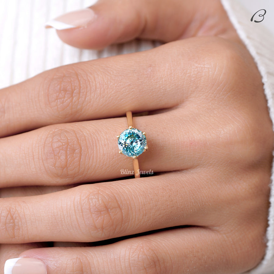 Portuguese Round Cut Cyan Blue Moissanite Solitaire Engagement Ring