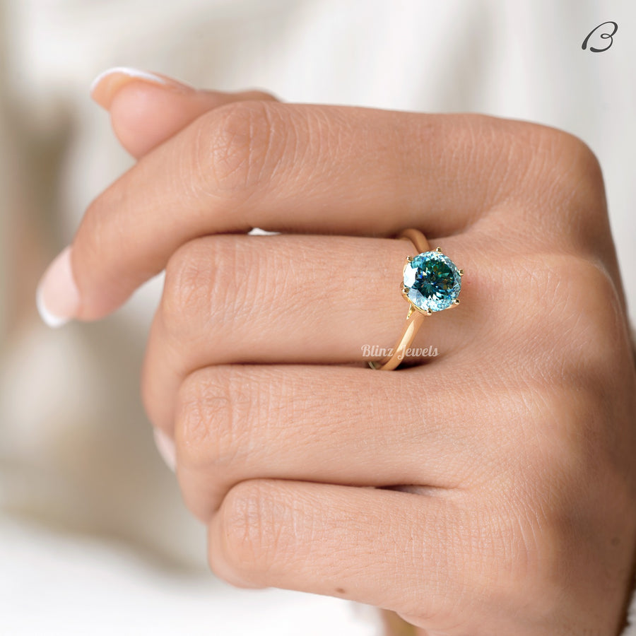 Portuguese Round Cut Cyan Blue Moissanite Solitaire Engagement Ring
