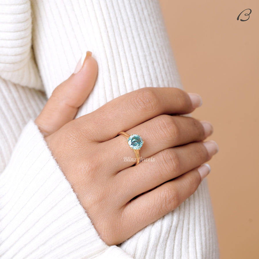Portuguese Round Cut Cyan Blue Moissanite Solitaire Engagement Ring