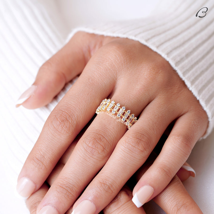 Round And Baguette Cut Moissanite Three Row Pave Full Eternity Wedding Band