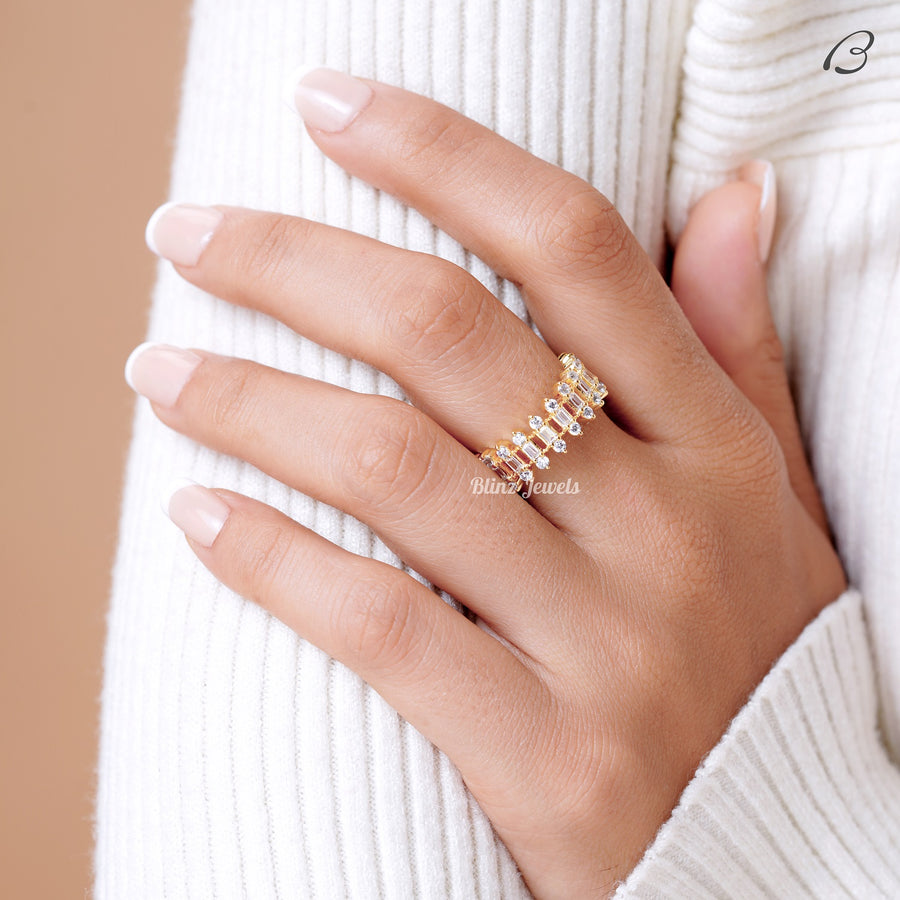 Round And Baguette Cut Moissanite Three Row Pave Full Eternity Wedding Band