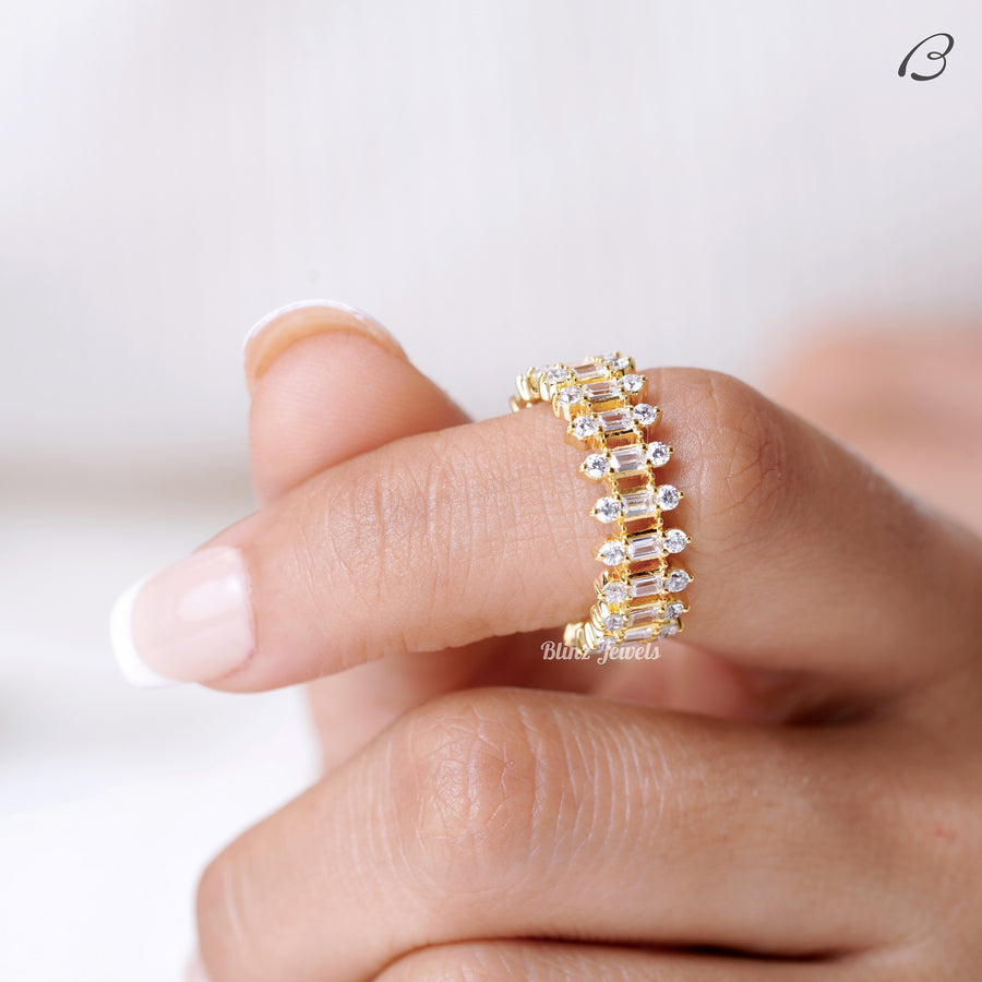Round And Baguette Cut Moissanite Three Row Pave Full Eternity Wedding Band