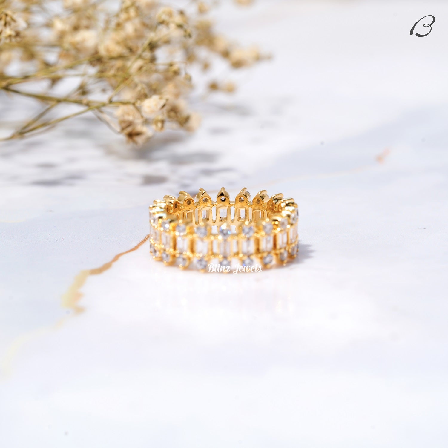 Round And Baguette Cut Moissanite Three Row Pave Full Eternity Wedding Band