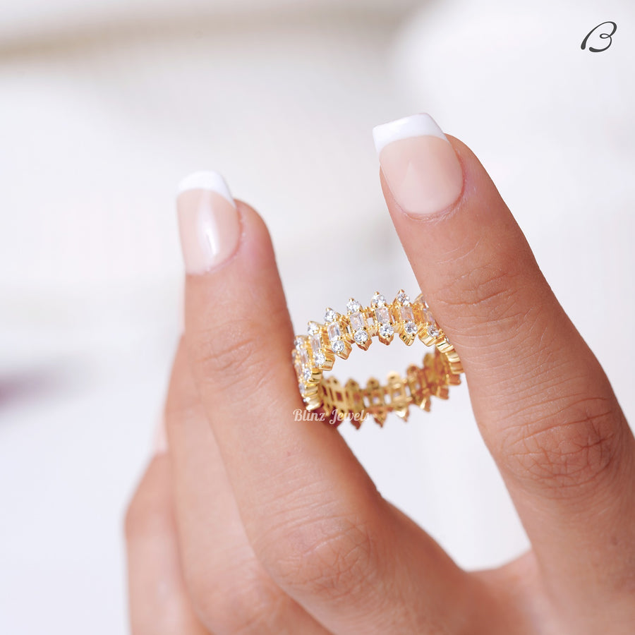Round And Baguette Cut Moissanite Three Row Pave Full Eternity Wedding Band