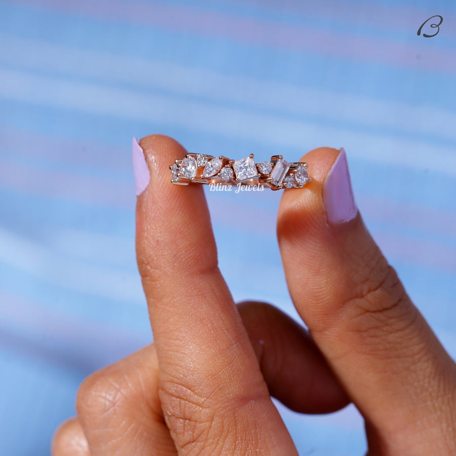 Half Eternity Unique Cluster Moissanite Diamond Wedding Band