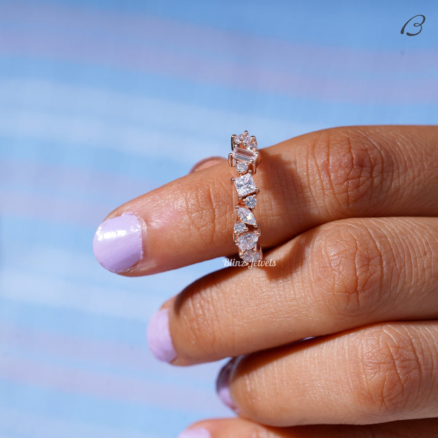 Half Eternity Unique Cluster Moissanite Diamond Wedding Band