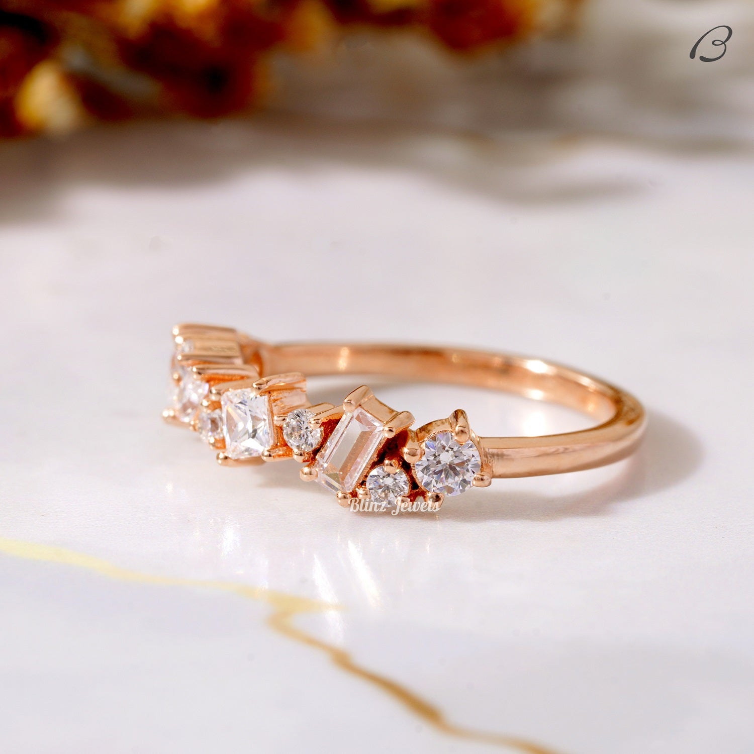Half Eternity Unique Cluster Moissanite Diamond Wedding Band