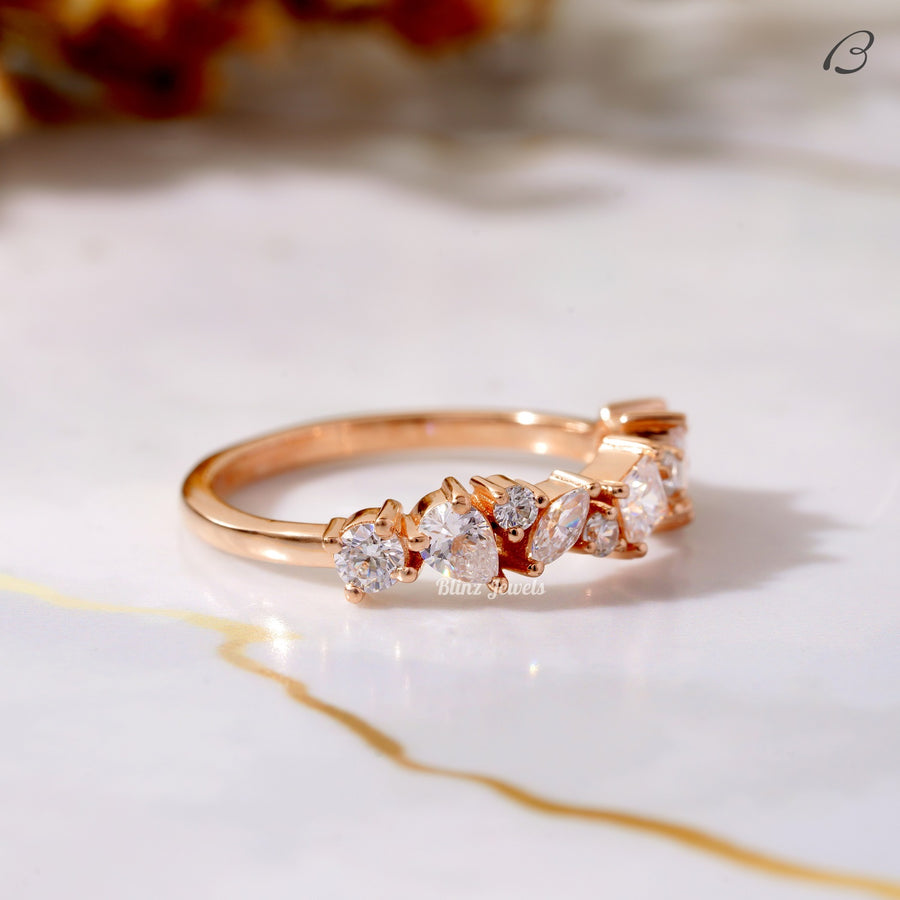 Half Eternity Unique Cluster Moissanite Diamond Wedding Band
