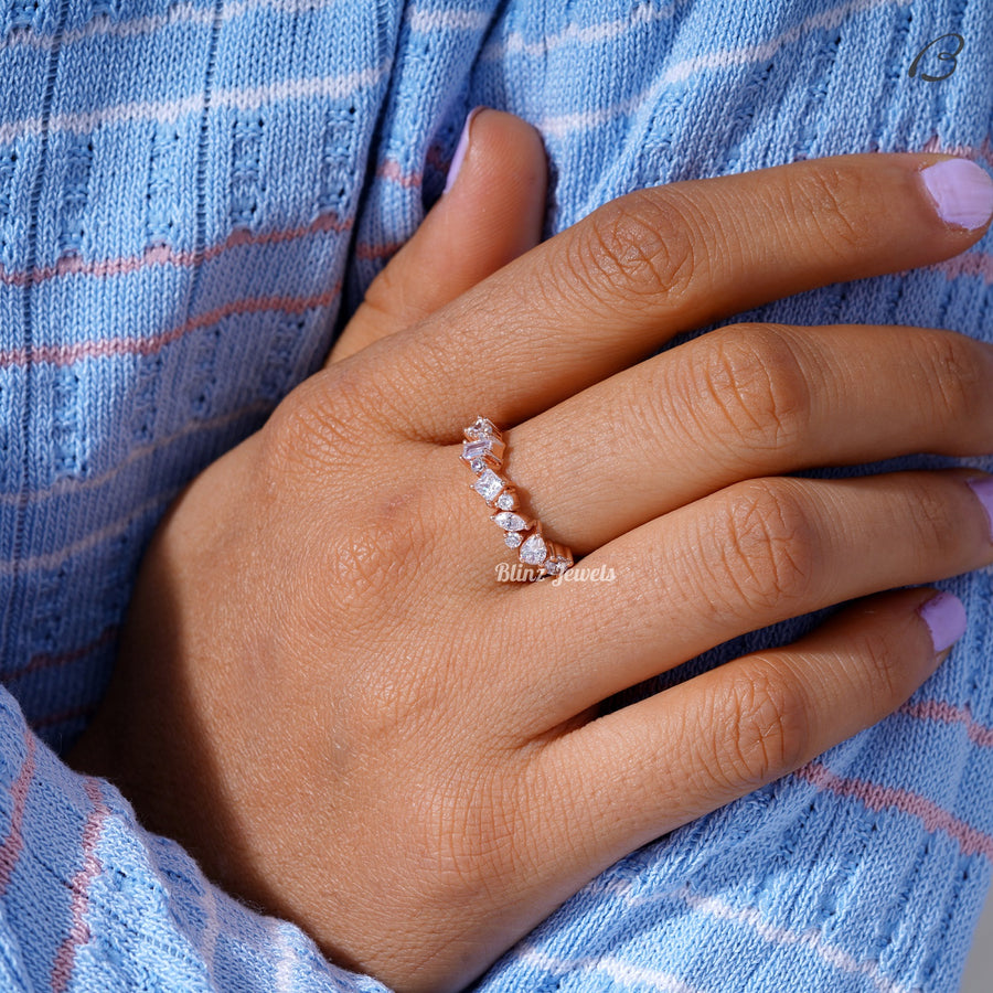 Half Eternity Unique Cluster Moissanite Diamond Wedding Band