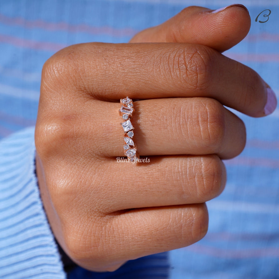 Half Eternity Unique Cluster Moissanite Diamond Wedding Band