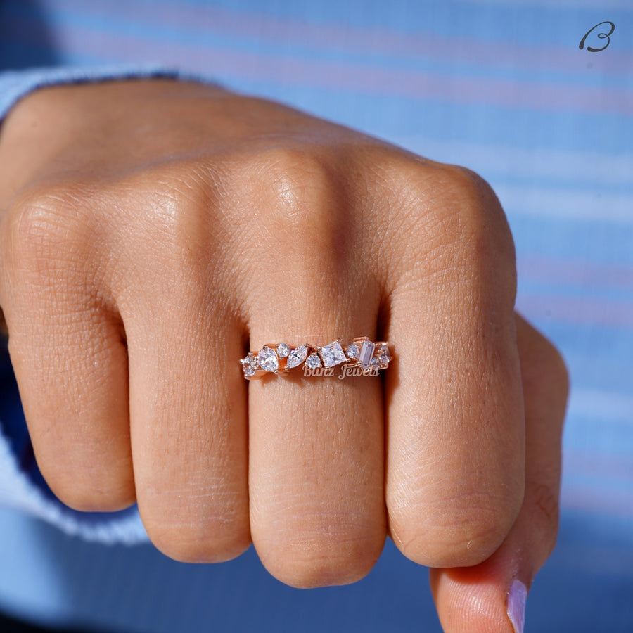 Half Eternity Unique Cluster Moissanite Diamond Wedding Band
