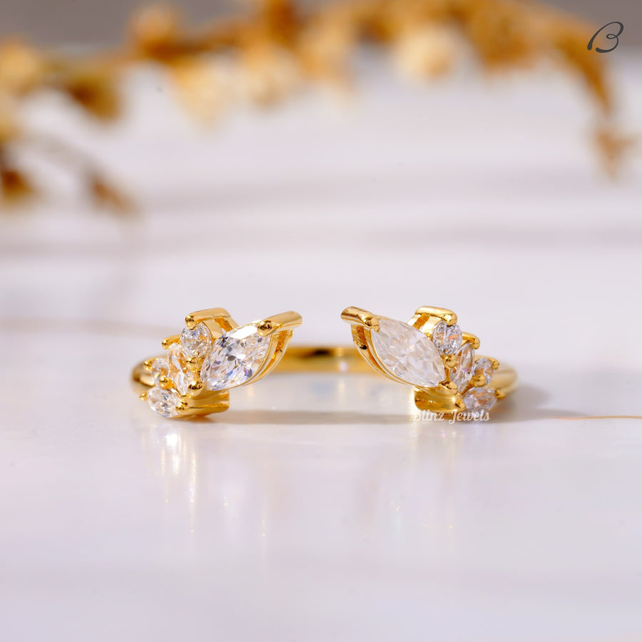 Marquise And Round Cut Moissanite Diamond Open Cuff Matching Bridal Band