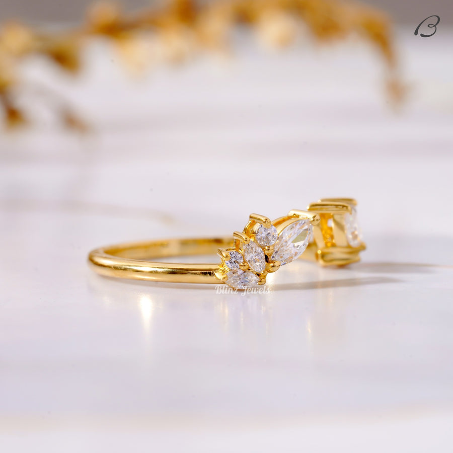 Marquise And Round Cut Moissanite Diamond Open Cuff Matching Bridal Band