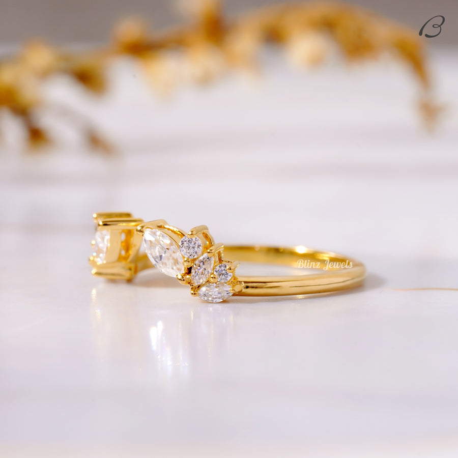 Marquise And Round Cut Moissanite Diamond Open Cuff Matching Bridal Band