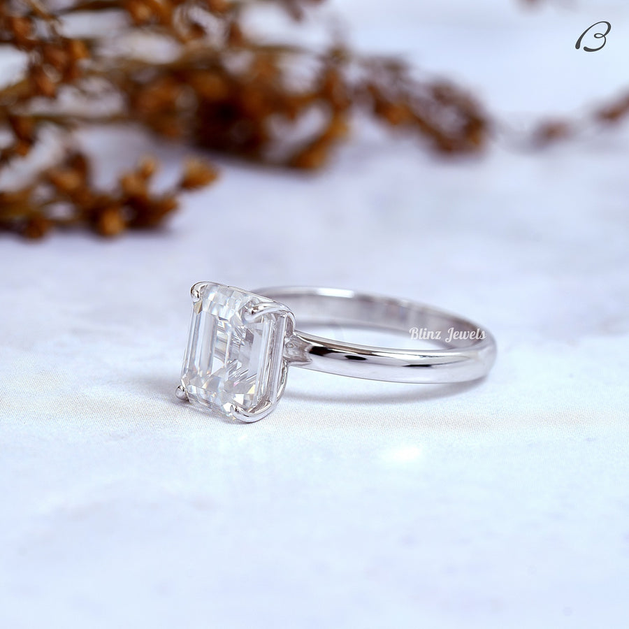 Emerald Cut Colorless Moissanite Solitaire Diamond Proposal Ring