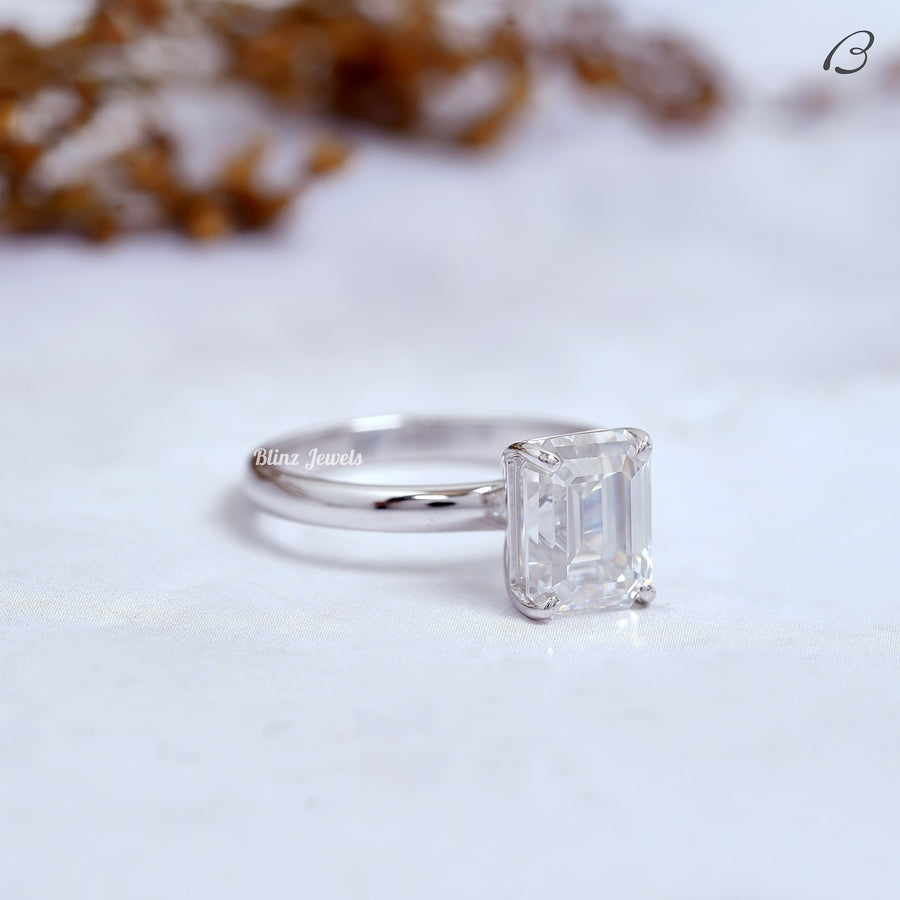 Emerald Cut Colorless Moissanite Solitaire Diamond Proposal Ring