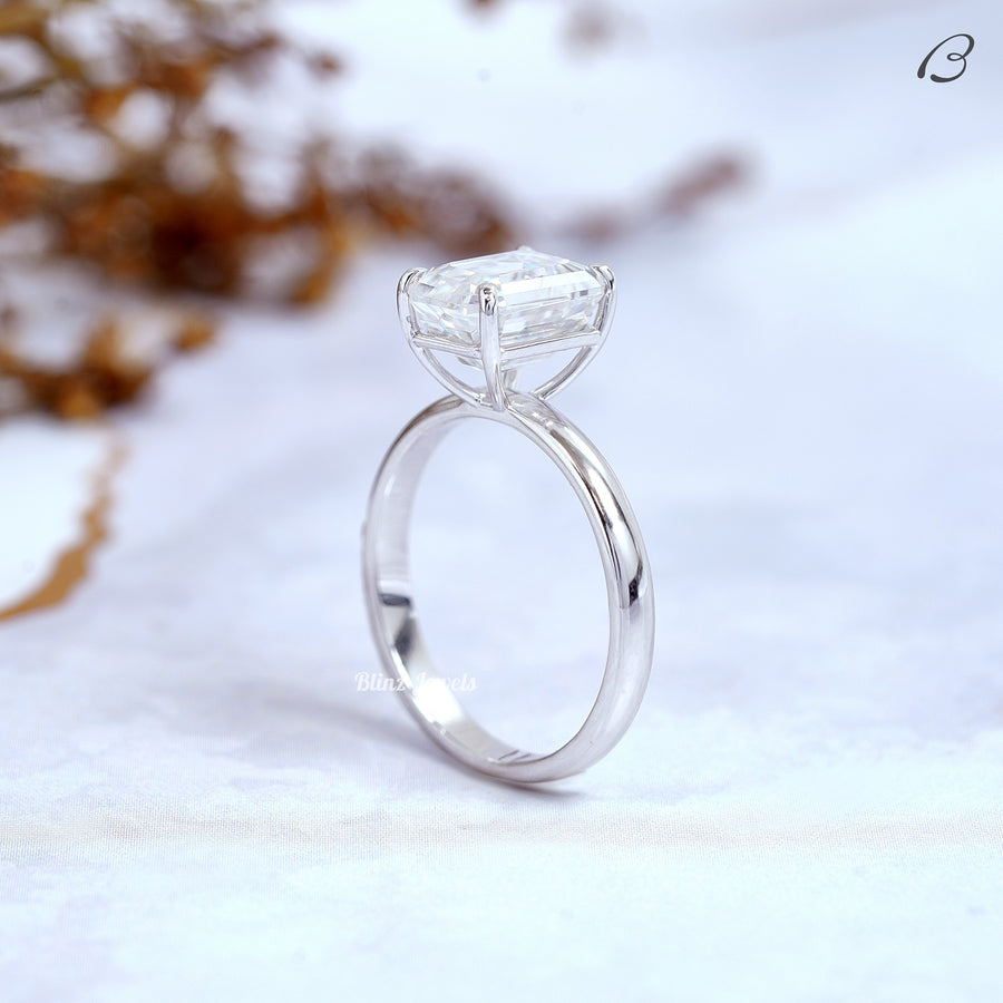 Emerald Cut Colorless Moissanite Solitaire Diamond Proposal Ring
