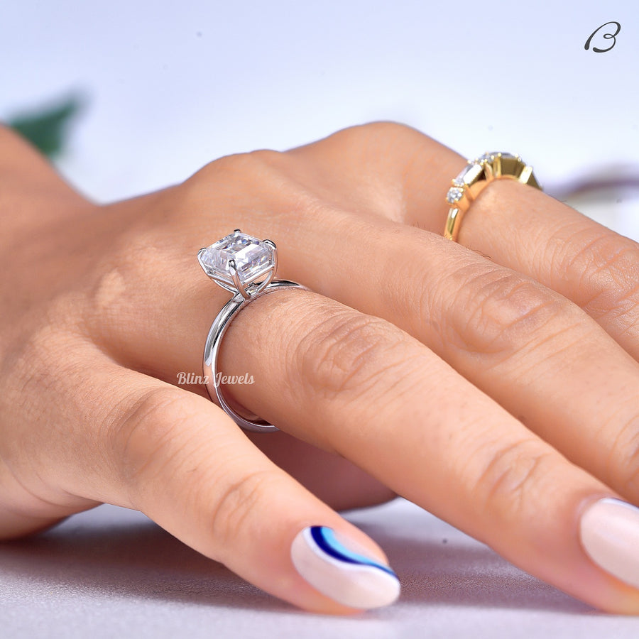 Emerald Cut Colorless Moissanite Solitaire Diamond Proposal Ring