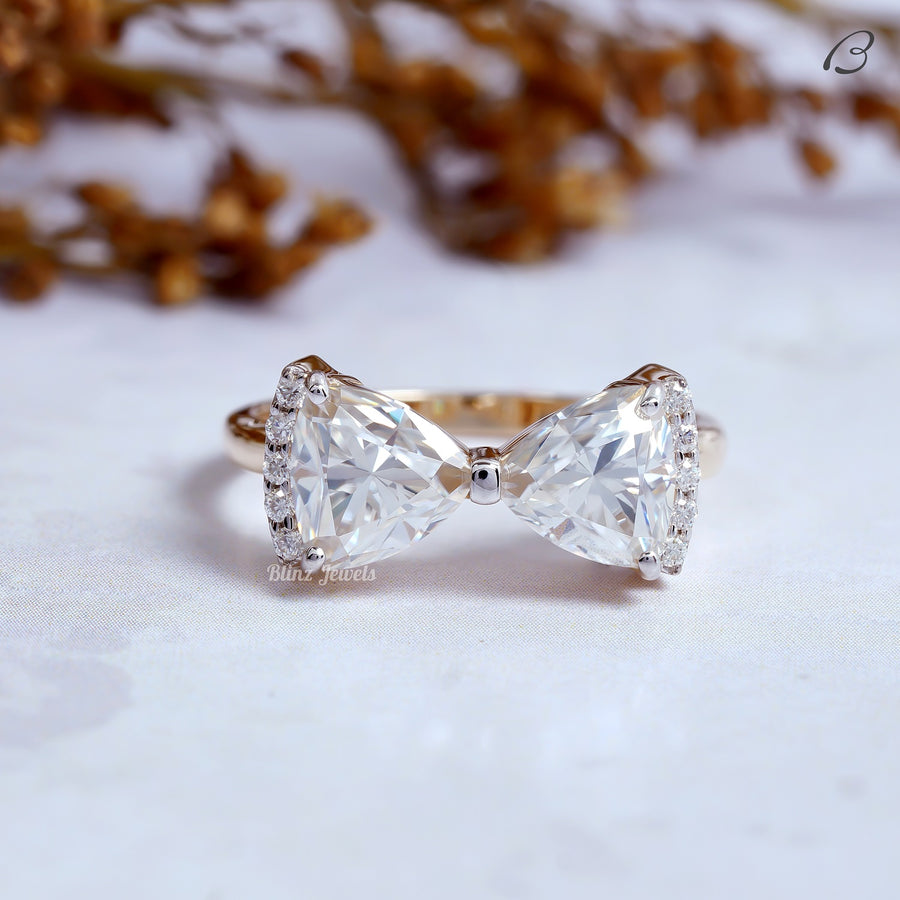 Trillion Cut Moissanite Tai Bow Style Two Stone Toi Et Moi Promise Ring