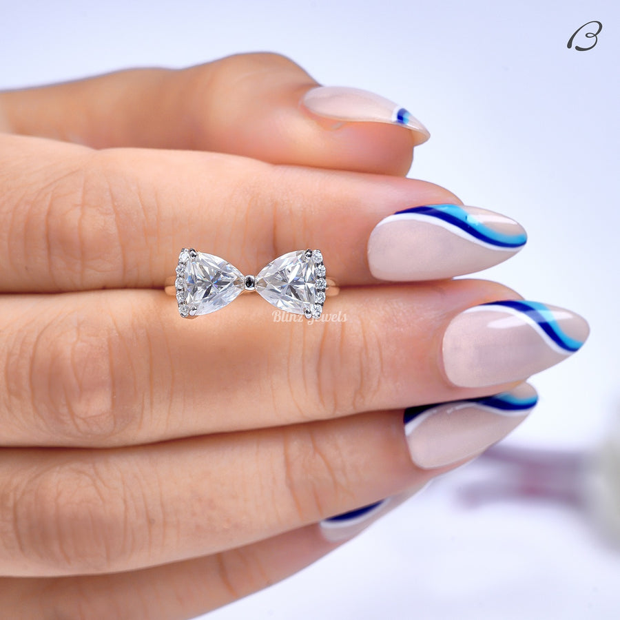 Trillion Cut Moissanite Tai Bow Style Two Stone Toi Et Moi Promise Ring