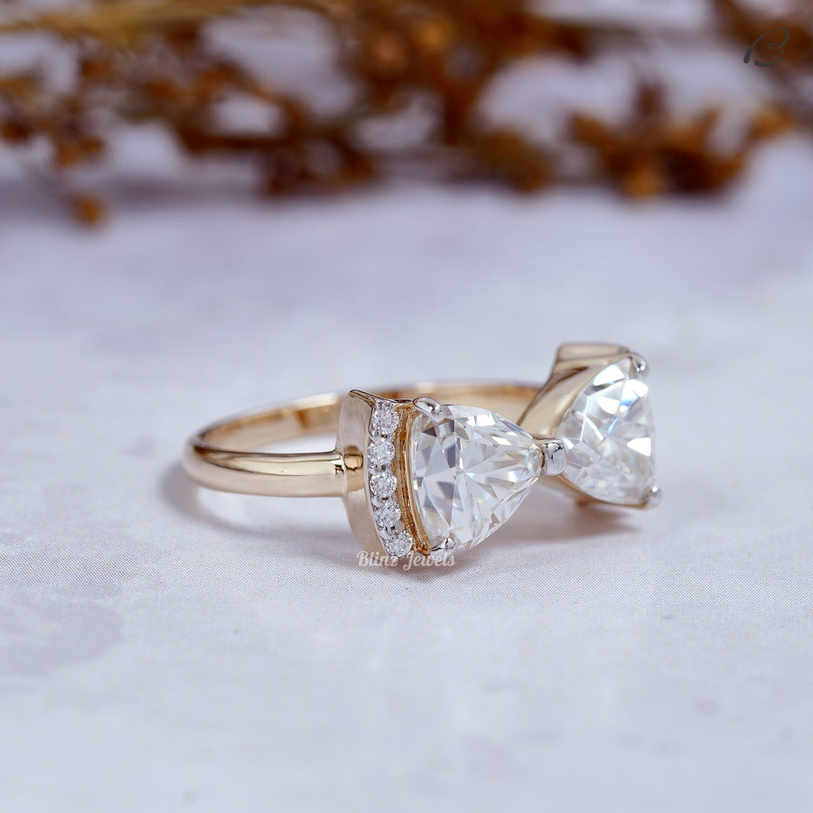 Trillion Cut Moissanite Tai Bow Style Two Stone Toi Et Moi Promise Ring