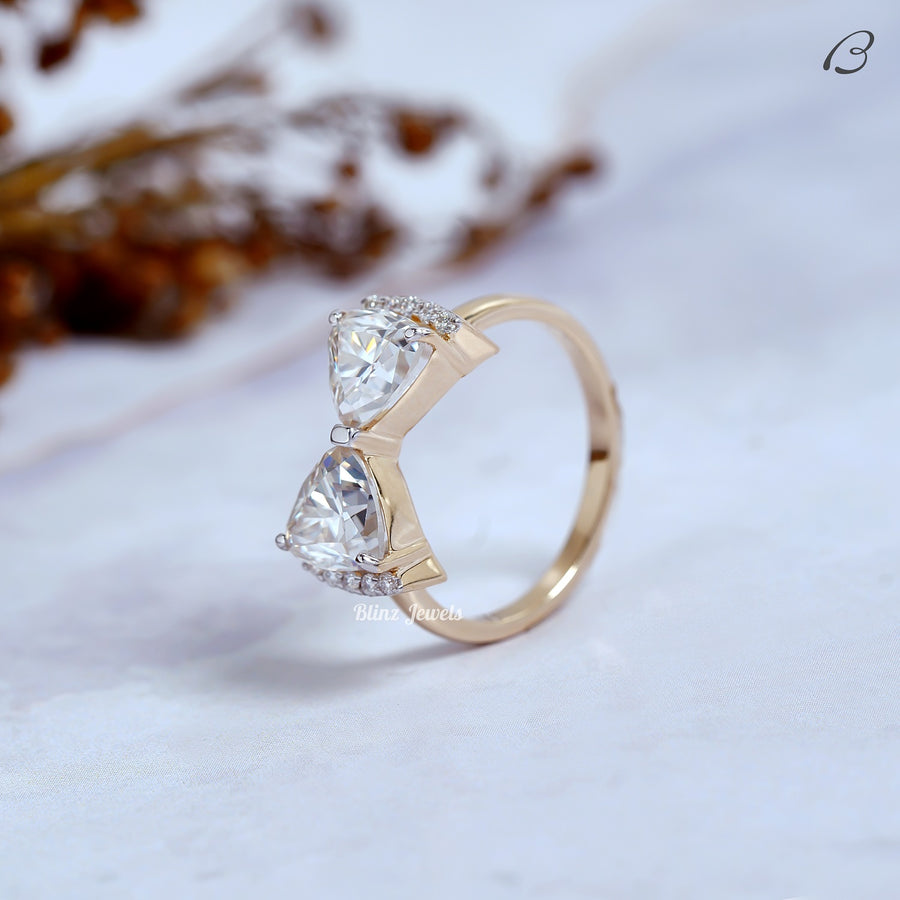 Trillion Cut Moissanite Tai Bow Style Two Stone Toi Et Moi Promise Ring