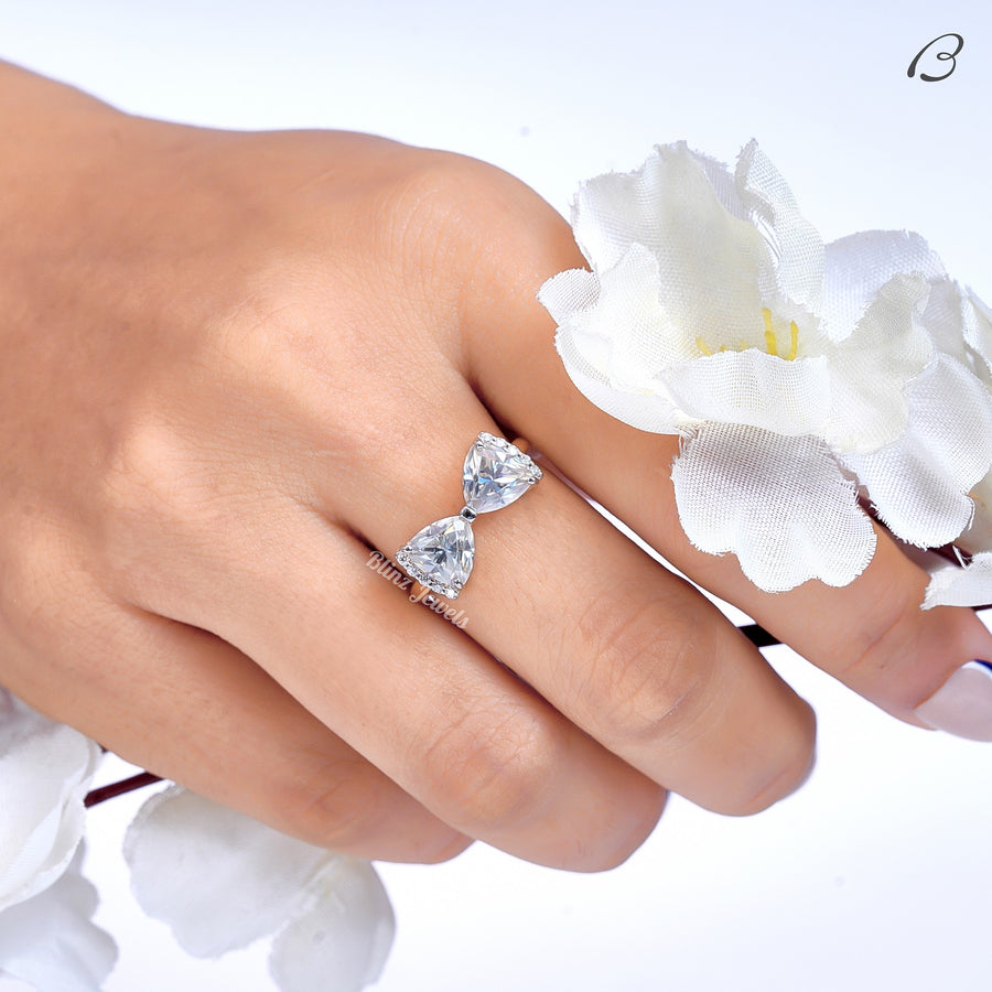 Trillion Cut Moissanite Tai Bow Style Two Stone Toi Et Moi Promise Ring