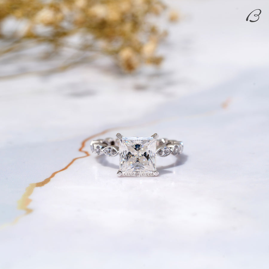 Princess Cut Moissanite Art Deco Solitaire With Accent Engagement Ring