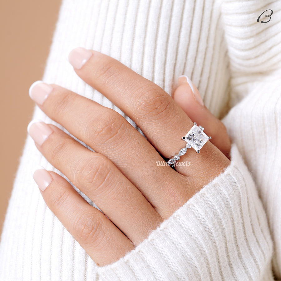 Princess Cut Moissanite Art Deco Solitaire With Accent Engagement Ring