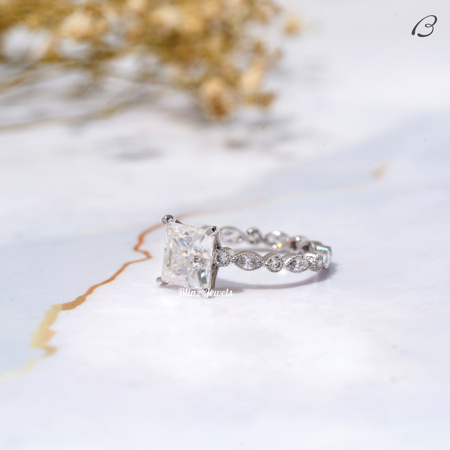 Princess Cut Moissanite Art Deco Solitaire With Accent Engagement Ring