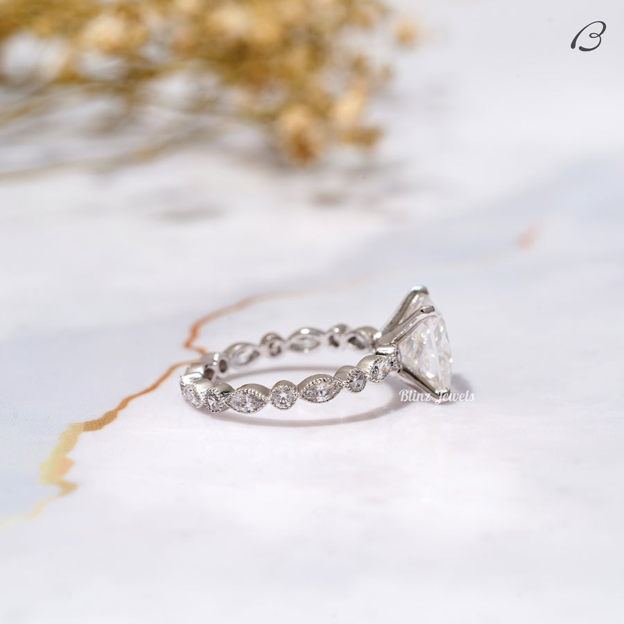 Princess Cut Moissanite Art Deco Solitaire With Accent Engagement Ring