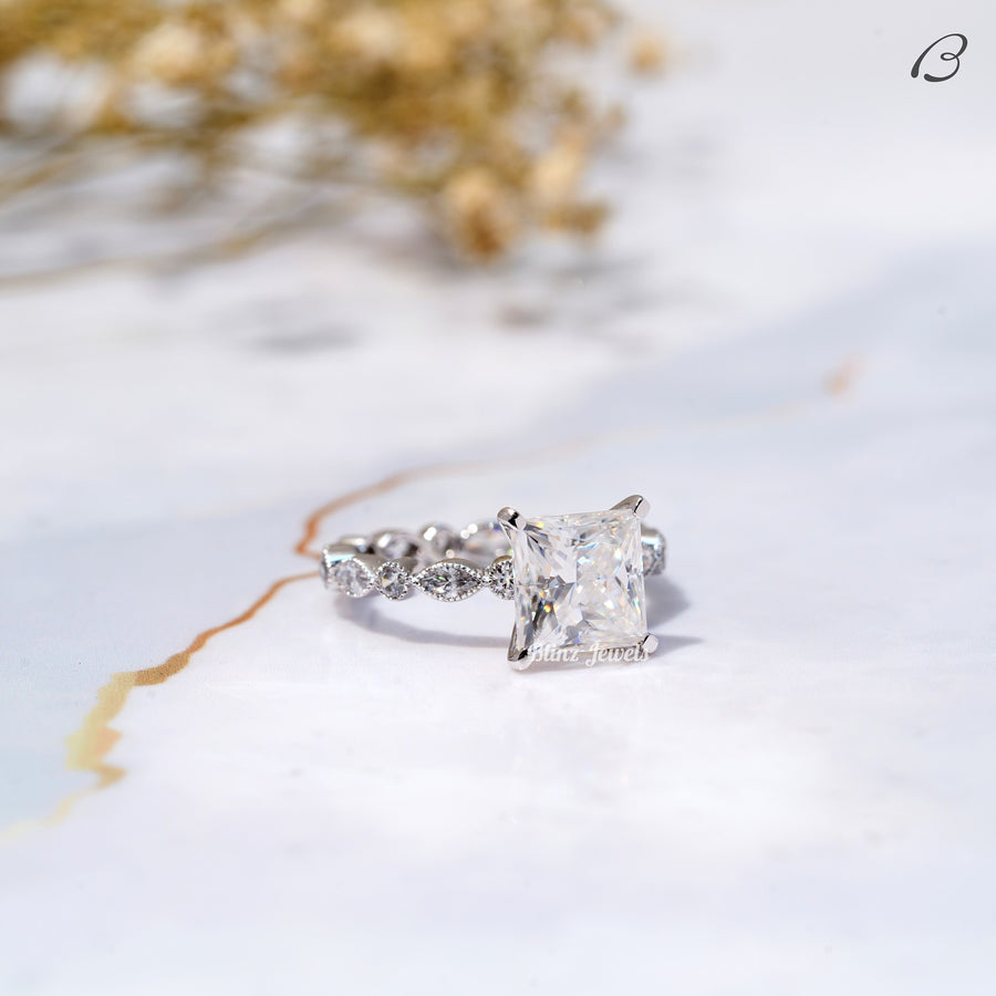 Princess Cut Moissanite Art Deco Solitaire With Accent Engagement Ring