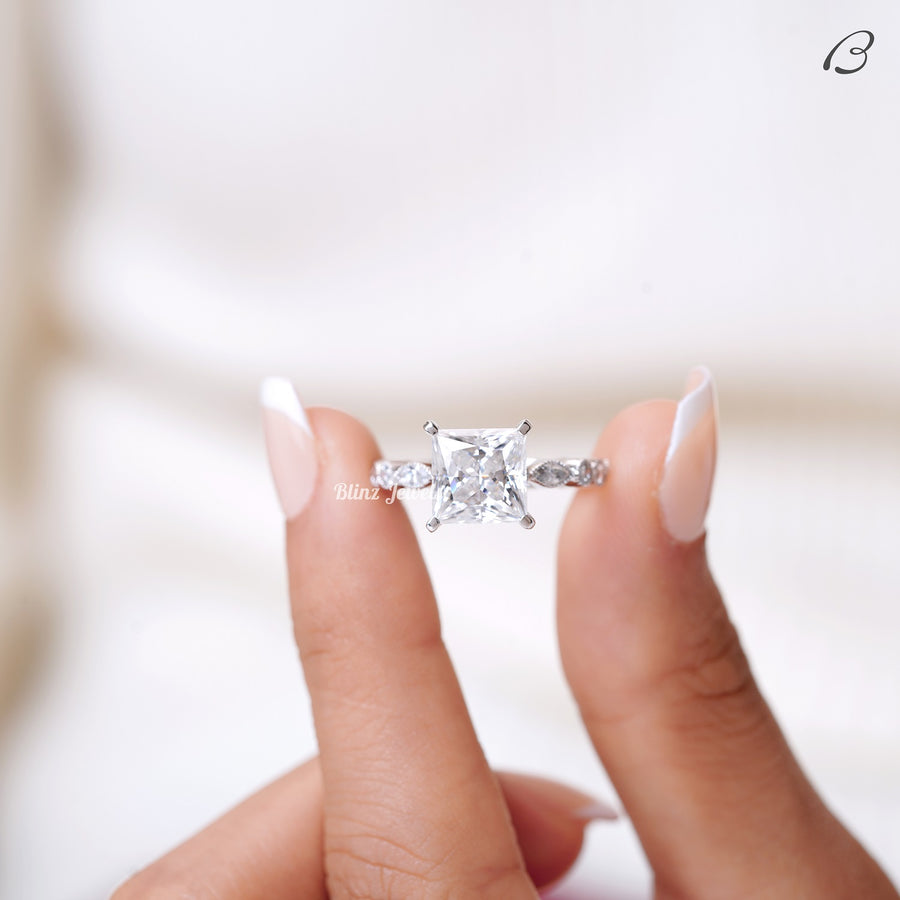 Princess Cut Moissanite Art Deco Solitaire With Accent Engagement Ring