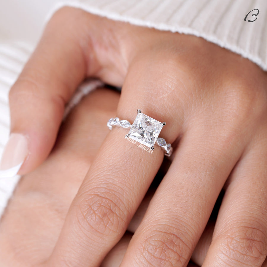 Princess Cut Moissanite Art Deco Solitaire With Accent Engagement Ring