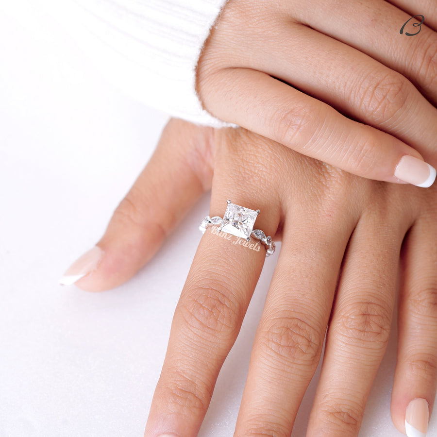 Princess Cut Moissanite Art Deco Solitaire With Accent Engagement Ring