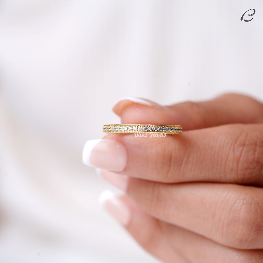 Three Side Pave Round Cut Moissanite Full Eternity Stackable Wedding Band