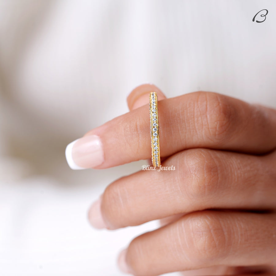 Three Side Pave Round Cut Moissanite Full Eternity Stackable Wedding Band