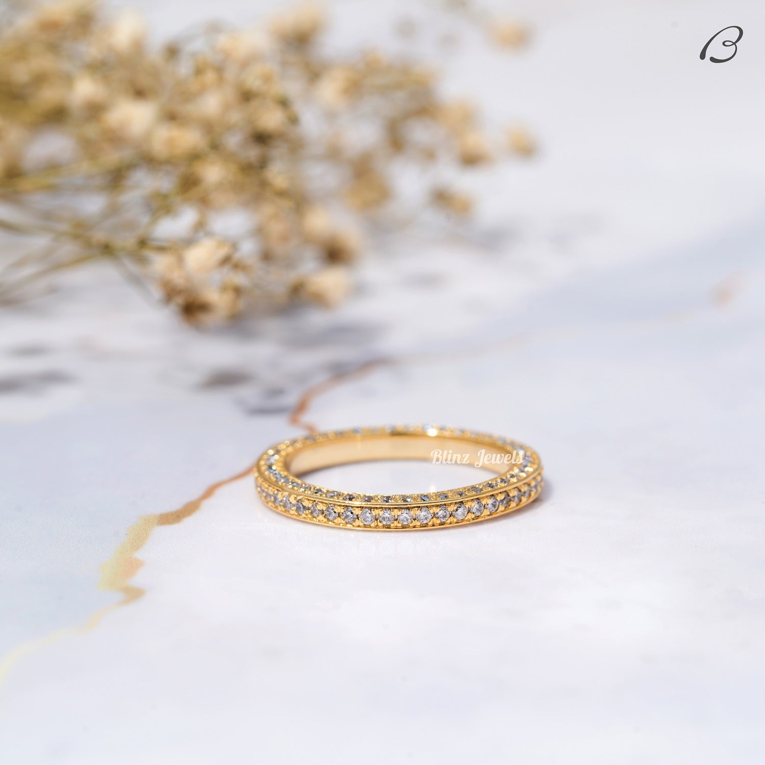 Three Side Pave Round Cut Moissanite Full Eternity Stackable Wedding Band