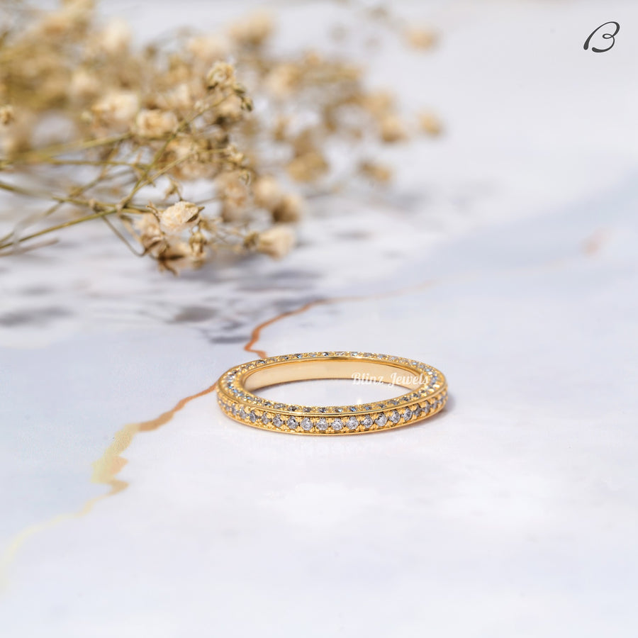 Three Side Pave Round Cut Moissanite Full Eternity Stackable Wedding Band