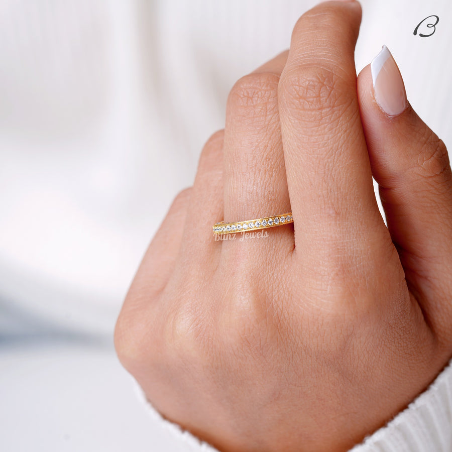 Three Side Pave Round Cut Moissanite Full Eternity Stackable Wedding Band