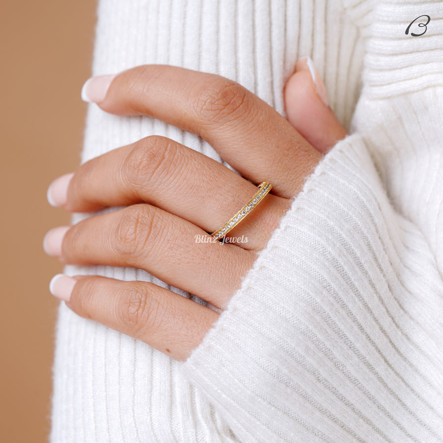 Three Side Pave Round Cut Moissanite Full Eternity Stackable Wedding Band