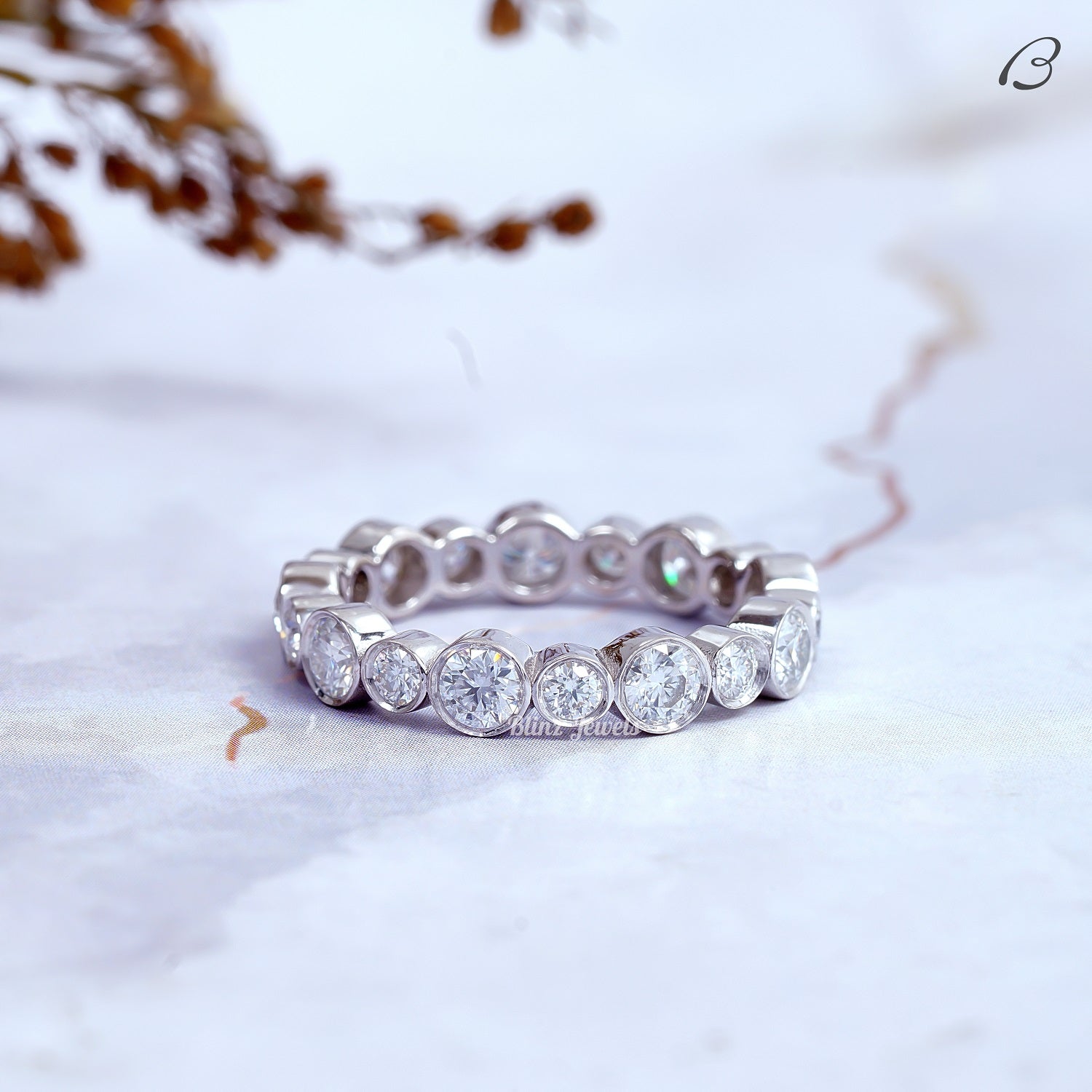 Round Cut Moissanite Bezel Setting Full Eternity Stackable Diamond Wedding Band