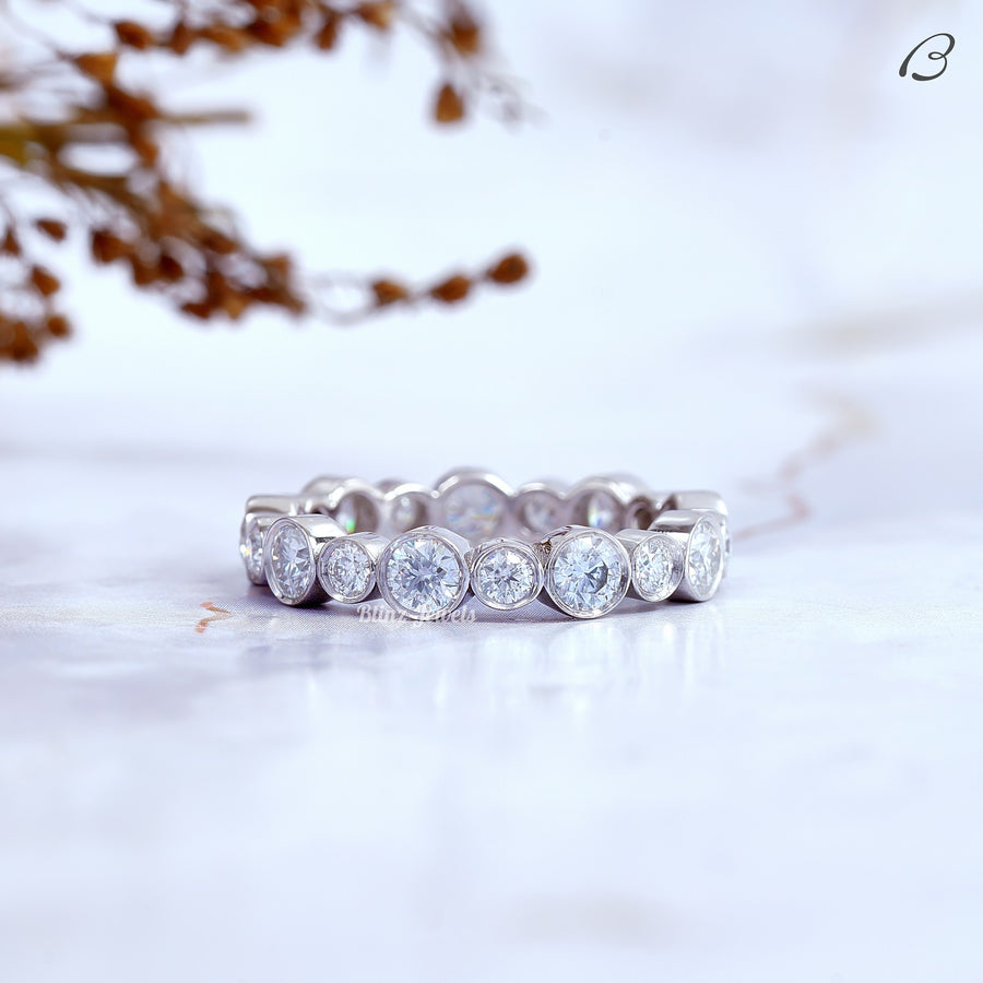 Round Cut Moissanite Bezel Setting Full Eternity Stackable Diamond Wedding Band