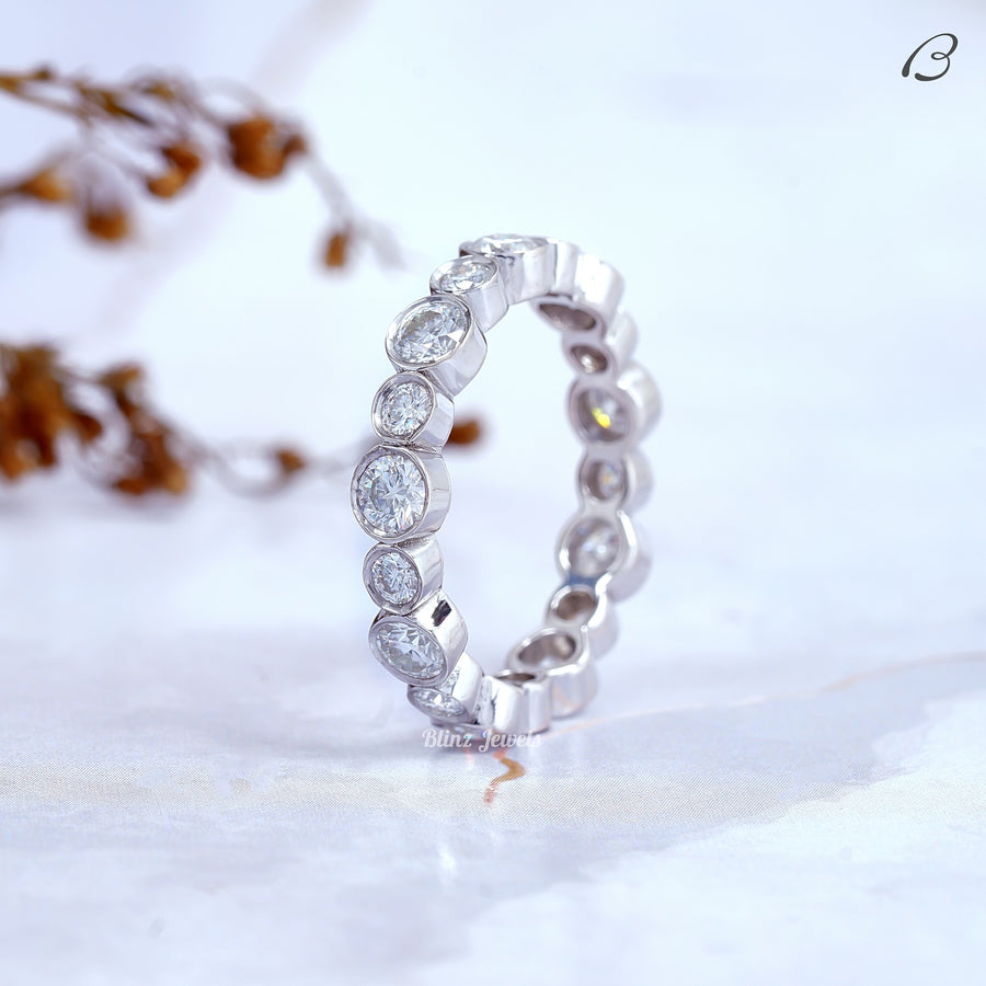 Round Cut Moissanite Bezel Setting Full Eternity Stackable Diamond Wedding Band