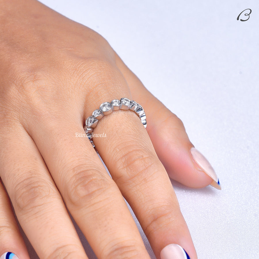 Round Cut Moissanite Bezel Setting Full Eternity Stackable Diamond Wedding Band
