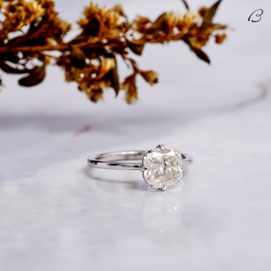 IGI Certified Cushion Cut Lab Grown Diamond Hidden Halo Solitaire Engagement Ring