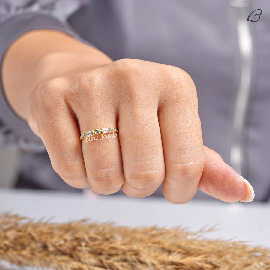 Baguette And Round Cut Half Eternity Bezel Set Stackable Wedding Band