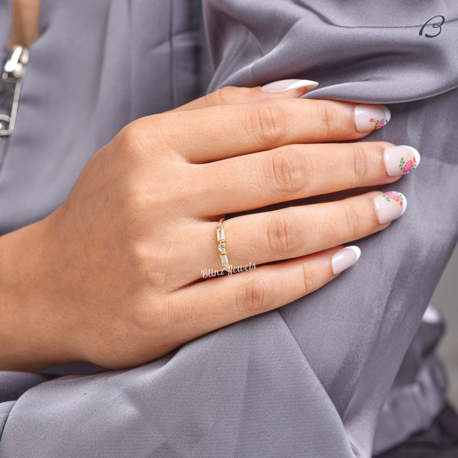 Baguette And Round Cut Half Eternity Bezel Set Stackable Wedding Band