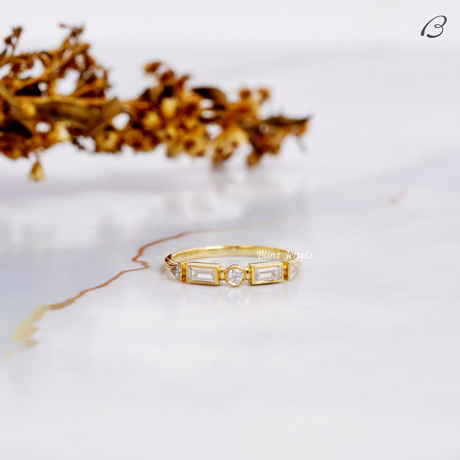 Baguette And Round Cut Half Eternity Bezel Set Stackable Wedding Band